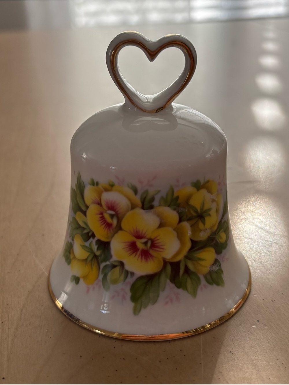 Vintage Golden Crown Porcelain Bell Yellow Pansy. Heart Handle. Made in England